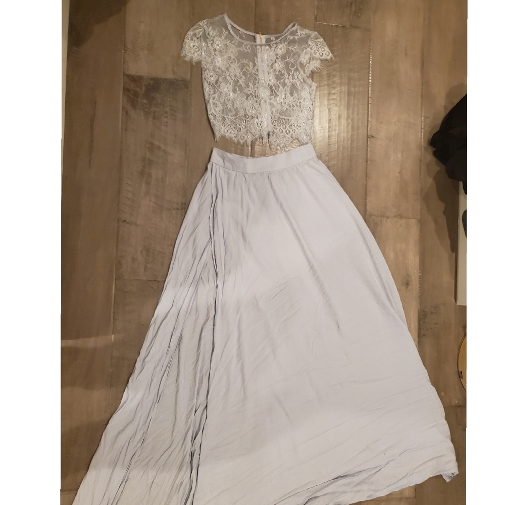 Periwinkle lace top and maxi high slit skirt set